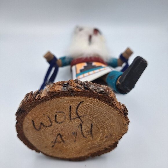 Kachina Handmade Doll Signed 8 Inch Wolf AM Native American Indian Art Wood Fur - Picture 7 of 14
